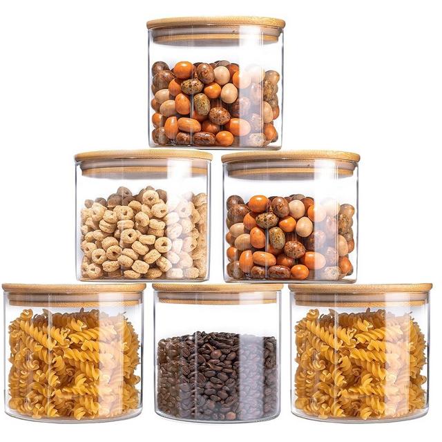 YUNCANG Glass Storage Jars 22oz [Set of 6],Clear Glass Food Storage Containers with Airtight Bamboo Lid Stackable Kitchen Canisters for Candy,Cookie,Rice,Sugar,Flour,Pasta,Nuts and Spice Jars