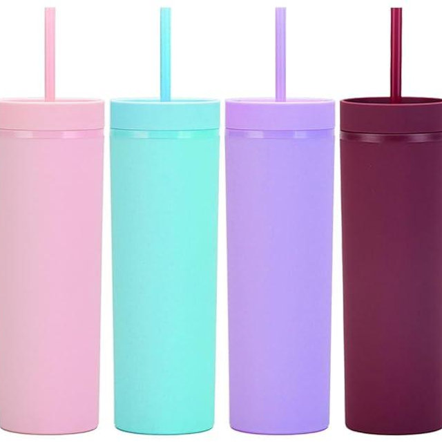 Essasea 16oz Skinny Tumblers Bulk.Matte Skinny Tumblers with Lids and Straws.Double Walled Plastic Acrylic Pastel Tumbler Cups for Iced Coffee Smoothie.DIY Slim Tumbler.