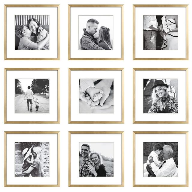 ArtbyHannah 9 Pack 12x12 Inch Gold Square Picture Frame Collage Set for Wall Art Decor- Made to Display Photo 12x12 without mat or and 8x8 with Mat for Gallery Wall Frame Set or Home Decoration
