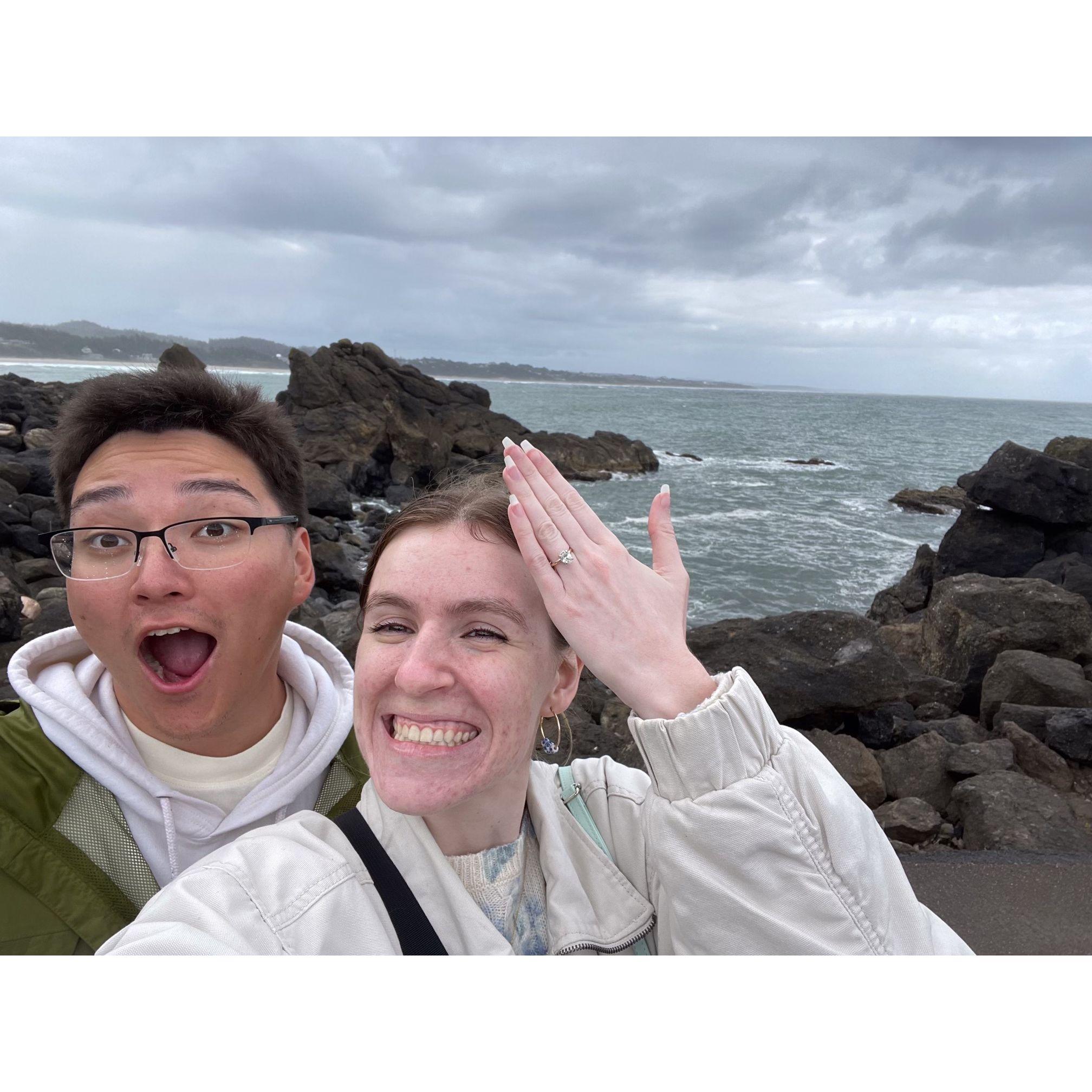 We got engaged on the Oregon coast!