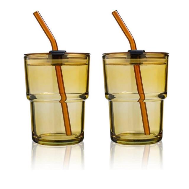 cosnou 13OZ/400ML Ice Coffee Glass Tumbler with Straw and Lid Sealed Carry On, Thick Wall Water Glass Cup Mug Tea （Amber） 2 Pack