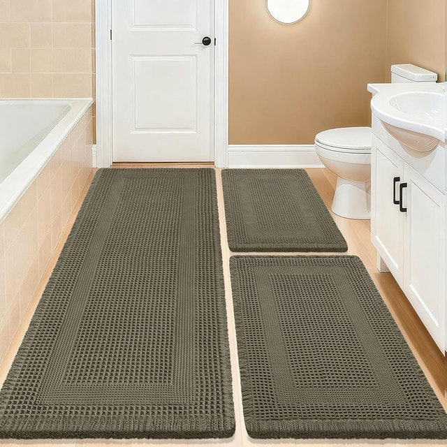 Waffle Bath Mat Set 3 Piece, Boho Woven Modern Bath Rug Absorbent Non Slip, Ultra Soft Bathroom Mats, Machine Washable Knit Bath Rugs with Tassels for Bathroom, Kitchen, Shower, Tub, Olive Green