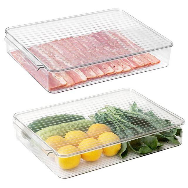 vacane 2 Pack Refrigerator Organizer Bins,Food Storage Container with Lids for Fruit, Vegetables, Bacon Meat Cheese Keeper Marinade Tray, Stackable