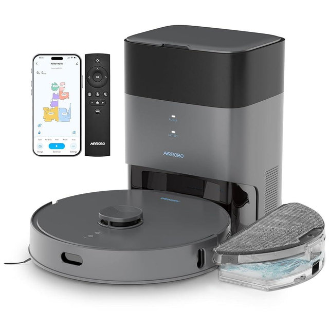 AIRROBO T25+ Robot Vacuum and Mop Combo,5500Pa Powerful Suction, Self-Emptying, 60-Day Capacity, 240 Mins, Smart APP Control, Multi-Floor Mapping，Perfect for Hard Floors, Carpets, and Pet Hair