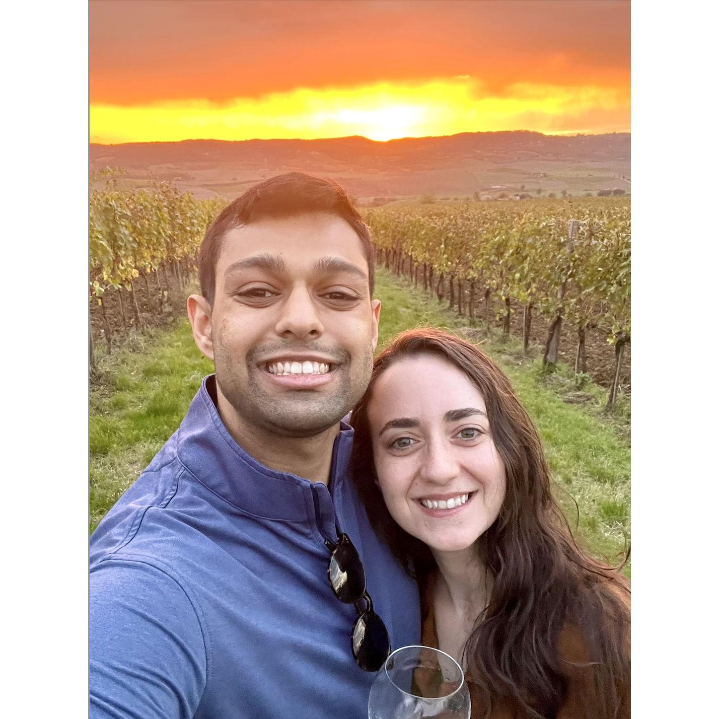 After our engagement, we spent the rest of our trip celebrating and learning about wine in Tuscany! This was taken on the vineyard we stayed at during the most beautiful sunset! (2024)