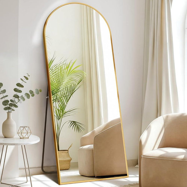 DUMOS Arched Full Length Mirror with Stand Floor Standing Aluminum Frame for Bedroom Body Hanging Leaning Modern Simple Home Decor Shatter-Proorf Nano Glass Wall Living Room Cloakroom Gold 68"x26"