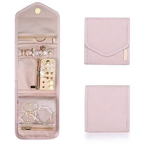 bagsmart Travel Jewelry Organizer Case Foldable Jewelry Roll for Journey-Rings, Necklaces, Earrings, Bracelets, Soft Pink