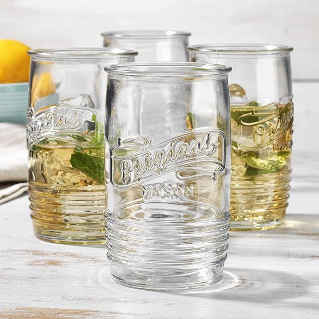 Glavers Glass Tumbler Drinking Glasses Set of 4 – Genuine Artisan-Made Vintage Italian Original Mason – Elegant 20 Oz Clear Tumbler Glassware Set for Cold, Refreshing Drinks, Beverages, Iced Tea