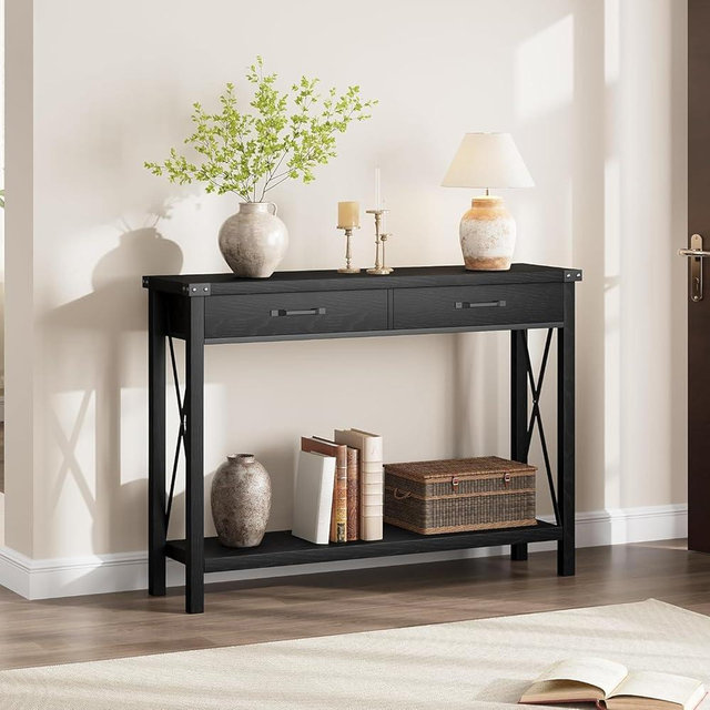 Amenitlif 43” Entryway Table with Drawers, Narrow Console Sofa Table with Storage & Shelves, Farmhouse Entryway Console Table for Hallway, Living Room - Black