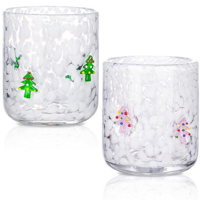 2 Pcs Christmas Icon Glass Cups Set-14 oz Christmas Tree Icon Wine Glasses Double Old Fashioned Icon Hand blown Cocktail Glasses Drinking Cups for Christmas Holiday Party Supplies and Lovely Gifts