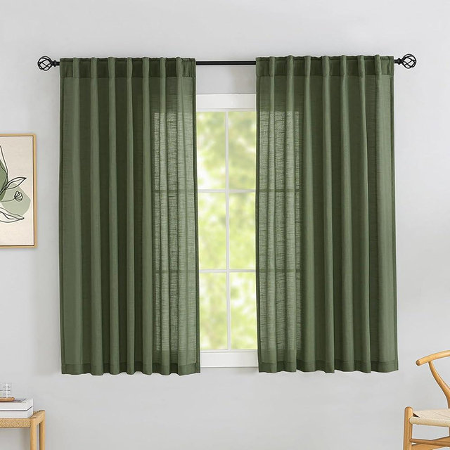 Olive Green Linen Back Tab Curtains 64 Inches Long 2 Panels Set for Boys' Room - Modern Cottagecore Rod Pocket Semi Sheer Privacy Drapes Hooks Belt Pleated Short Curtains 52" Width x 64" Length