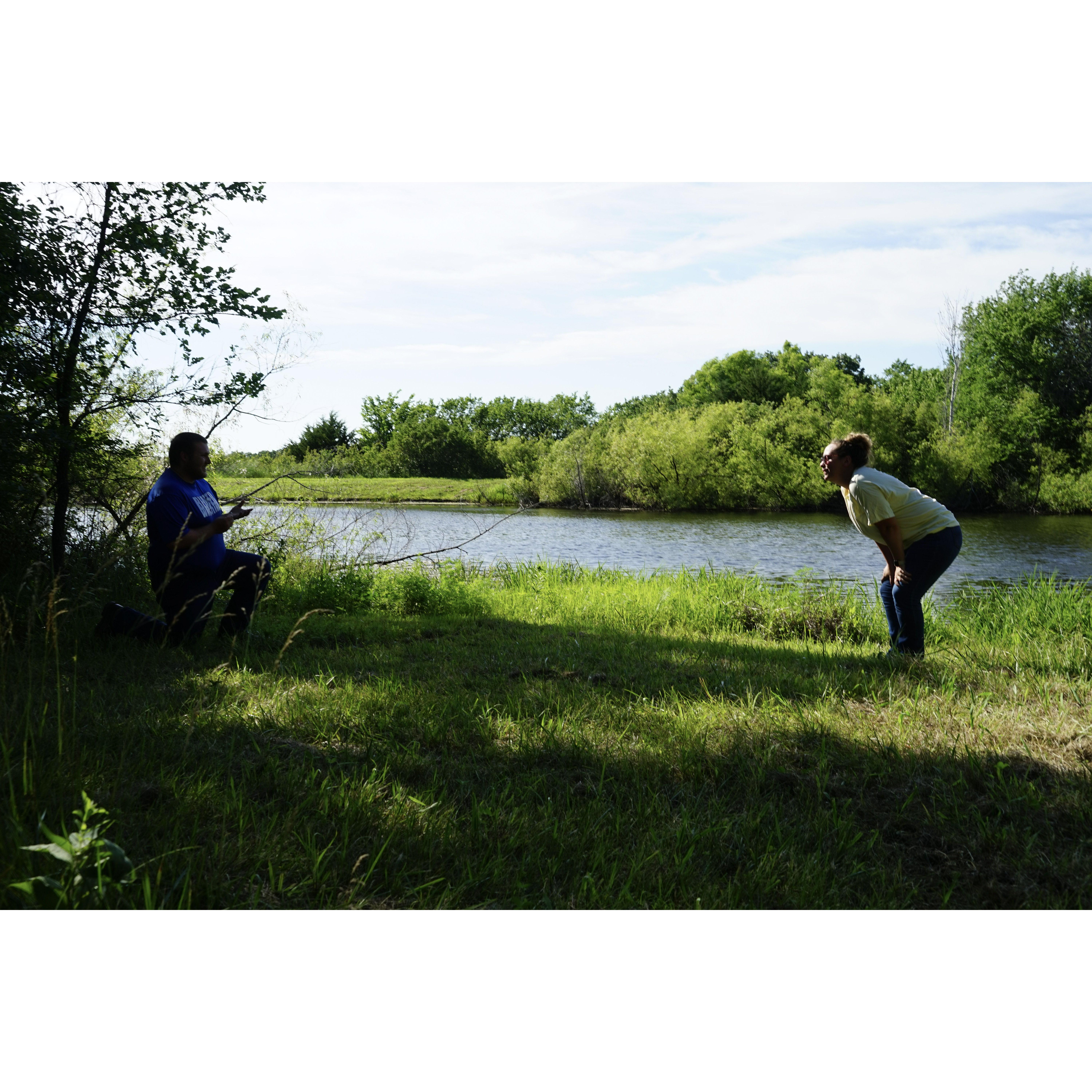 Cam proposed on July 4th, 2022 at a family friends pond. Alli thought they were just fishing until...... Can you guess home many times she said "stop it?"