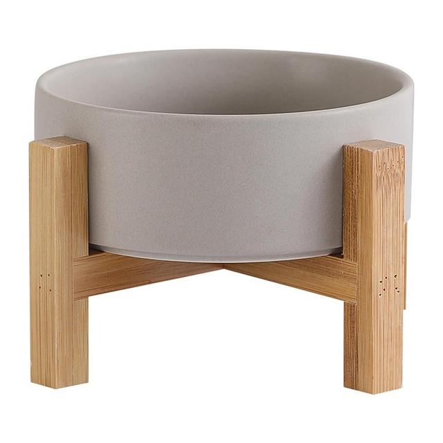 Elevated Ceramic Cat Bowl - Cat Food Bowl with Bamboo Stand - Raised Dog Dish for Puppies - Anti Vomiting, Stress Free - 13.5 oz / 400 ml - Grey