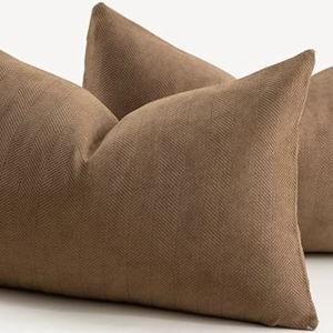 MANDIOO Pack of 2 Chenille Throw Pillow Covers Elegant Design Soft and Luxurious Decorative Cushion Covers Pillowcase Couch Sofa Bedroom Living Room Home Decor 16x24 Inch Brown