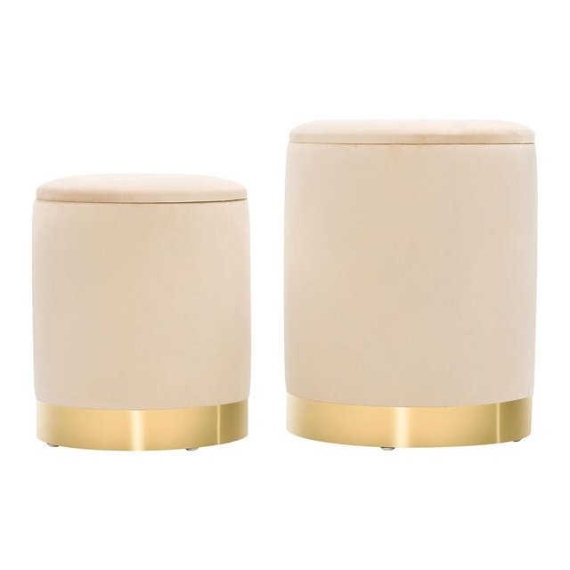 Roostrover Round Ottomans with Storage Set of 2, Vanity Stool Foot Rest with Removable Lid, Velvet Storage Foot Stool for Living Room and Dorm (Khaki)