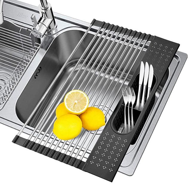 SISFORCE Roll Up Dish Drying Rack Over the Sink:17.3''x11'' Regular Multi-function Dish Drying Rack with Utensil Holder Foldable Stainless Steel Dish Drainer for Kitchen Vegetable Fruit (Black)