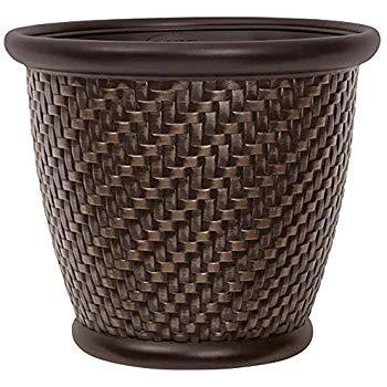Keter Round Cylinder Plastic Rattan Resin Garden Flower Plant Planters Decor Pots 3 pc Set, assorted sizes, Brown