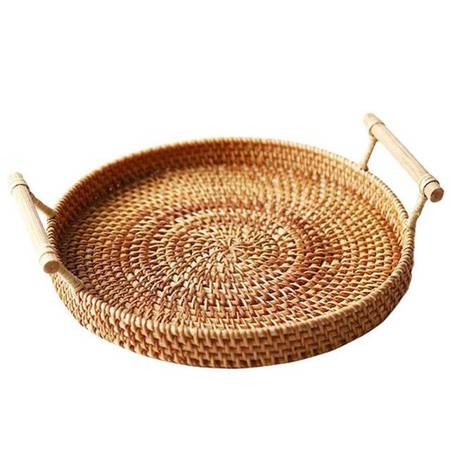WOSHI 8.66in Rattan Storage Tray Round Basket 3 Size Fruit Food Breakfast Display Hand-Woven Rattan Tray Round Basket Wicker Basket Storage Tray with Handle(S)