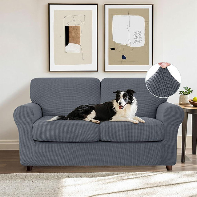 CHUN YI 5 Piece Loveseat Covers for 2 Cushion Couch, 2 Seater Stretch Sofa Slipcover with Separate Backrest and Cushion Covers, Anti-Slip Washable Furniture Protector for Dogs Pets (Medium, Grey)