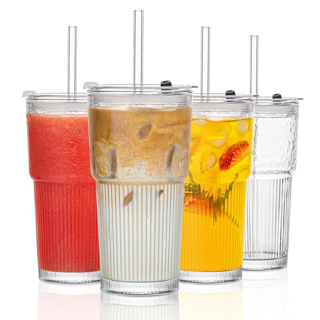 INSETLAN 530ml Glass Cups with Straws & Straw Cleaner, Set of 4, Clear Ribbed Drinking Glasses with Plastic Lids for Water, Juice, Iced Coffee & Smoothies, Dishwasher Safe