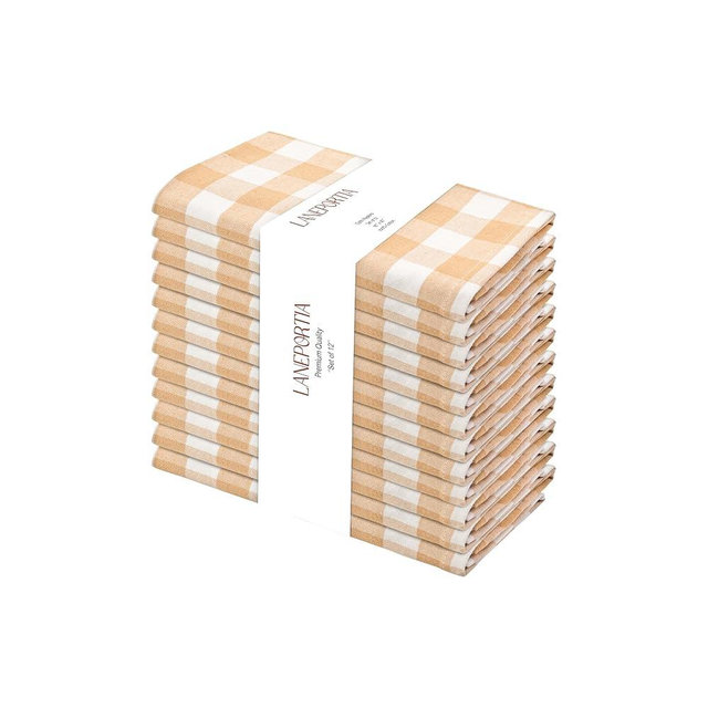 LANEPORTIA Buffalo Plaid Cloth Napkins, Mitered Corners, Christmas Holiday Winter - Gingham Check Dinner Napkin - Set of 12, 100% Cotton - 18x18 Inch - Reusable Washable Cloth Napkins - Beige/White