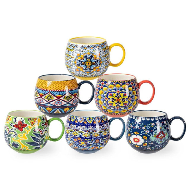 HENXFEN LEAD Porcelain Coffee Mugs 20 Ounce - Multicolor Cups for Latte, Hot Tea, Cappuccino, Cocoa, Soup, Dishwasher, Microwave Safe, Christmas Gift Set of 6 - Bohemian Style