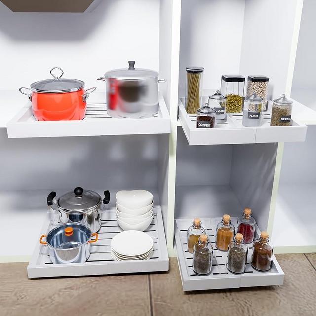 Cazafari Expandable Pull Out Cabinet Organizer 16" Deep with Magnetic Divider, Adhesive Slide Out Drawers for Kitchen Cabinet, Cabinet Pull Out Shelves, Adjustable Width 12"-20" Classic White