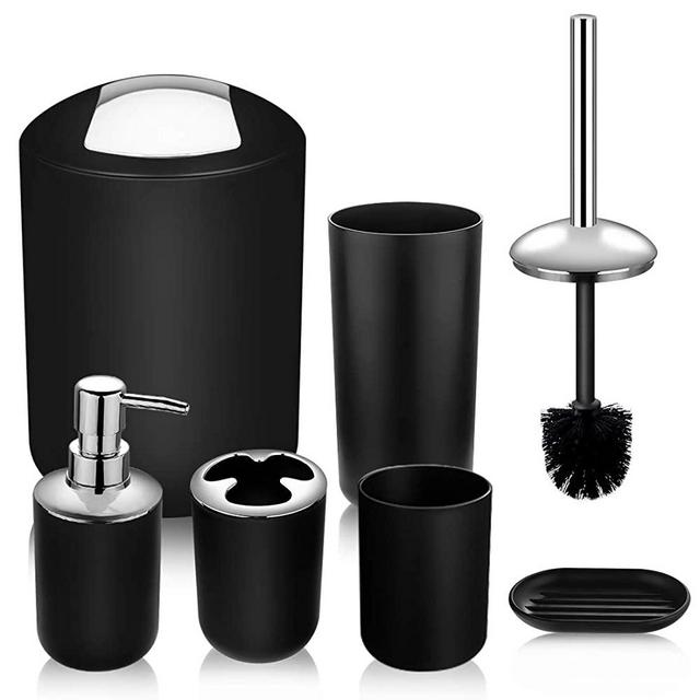 Papillon Bathroom Accessories Set-6 Piece Plastic Gift Set Toothbrush Holder,Toothbrush Cup,Soap Dispenser,Soap Dish,Toilet Brush Holder,Trash Can,Tumbler Straw Set Bathroom (Black)