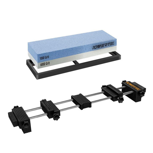 POWERTEC 72201 Sharpening Stone and Holder Set, Sink Bridge Stone Holder with Dual Sided 1000/6000 Grit Whetstone and Non-slip Rubber Base