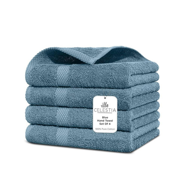 Villa Celestia 100% Cotton Hand Towel Set of 4, (16 x 28 inches) Sustainable, Soft, Highly Absorbent, Quick Drying, Combed Cotton Hand Towels Pack of 4 Ideal for Hotels, Spa, Bathroom, Dorm, Blue