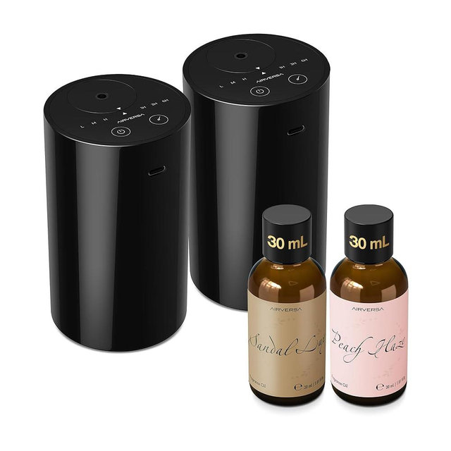 Airversa Waterless Essential Oil Diffuser Starter Kit with 2 x 30mL Fragrance Oil, Battery Operated Mini Scent Air Machine Portable Diffuser for Home Car Office Room, Black AN8 2Packs Kit
