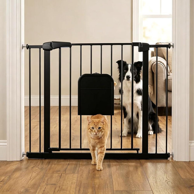 Metal Pet Gate with Cat Door, Adjustable Dog Gate for Doorways & Stairs, Pressure Mounted, Auto-Close, No Tools Needed, 31-46 Inches, Black