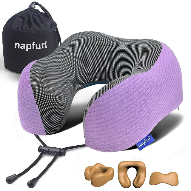 napfun Neck Pillow for Traveling, Upgraded Travel Neck Pillow for Airplane 100% Pure Memory Foam Travel Pillow for Flight Headrest Sleep, Portable Plane Accessories, Light Purple