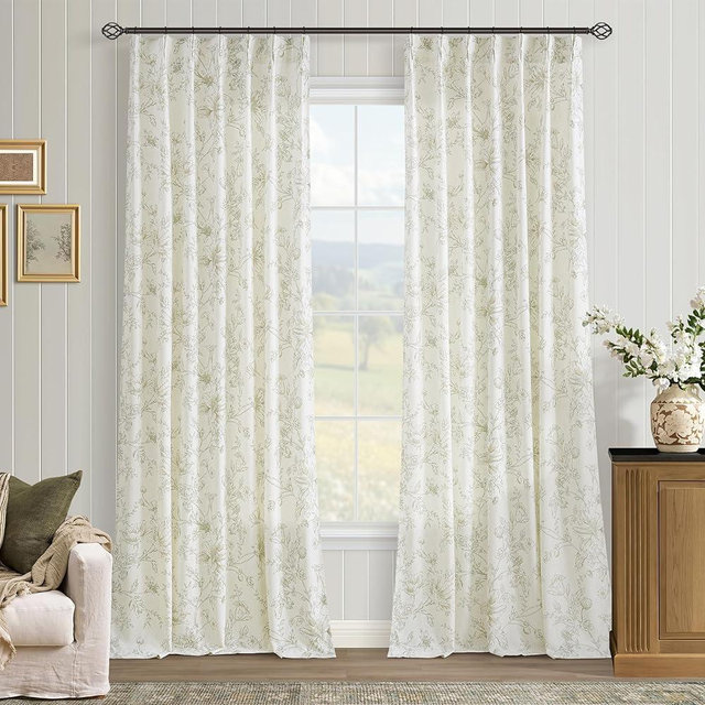 Floral Pleat Curtains 90 Inches Long Semi Sheer Boho Farmhouse Sage Green and Cream Lily Peony Flower Printed Drapes Back Tab Light Filtering Pinch Pleated Curtain for Living Room Bedroom 90 Inch