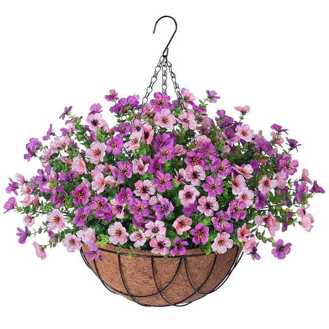 INXUGAO Artificial Silk Flowers Hanging Basket for Outdoor Indoor, Daisy with Eucalyptus Leaves Arrangement for Garden Yard Spring Decor, Faux Green Plant in Metal Coconut Lining Pot(Purple Pink)
