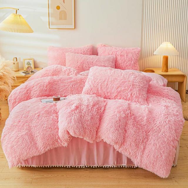 ERLOXO Fluffy Pink Faux Fur Comforter Cover Set，Fluffy Fuzzy Plush Pink Bedding 3Pcs (1 Faux Fur Duvet Cover +2 Fuzzy Pillowcases) Pink Fluffy Bed Set (Pink, Queen)