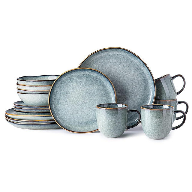 AmorArc Ceramic Dinnerware Sets,Handmade Reactive Glaze Plates and Bowls Set with Mugs,Highly Chip and Crack Resistant | Dishwasher & Microwave Safe Dishes Set,Service for 4(16 Pcs)