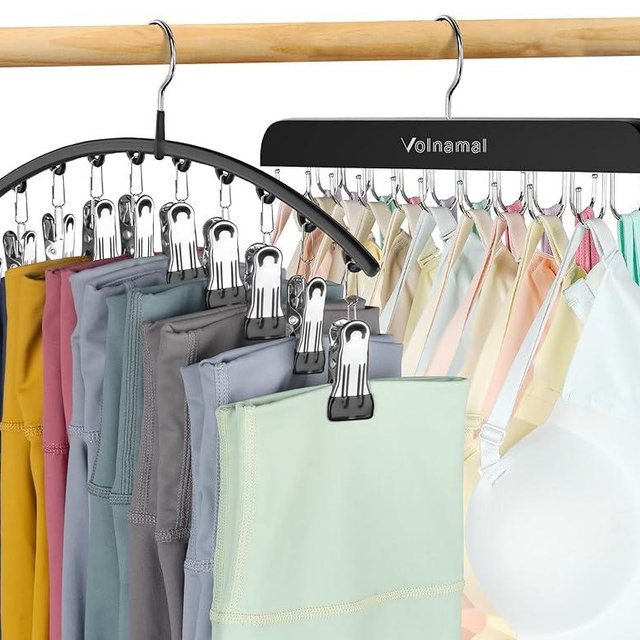 Volnamal 2 Pack Legging Organizer& Bra Hanger, 2 in 1 Space Saving Hanger Max 30 Leggings & Bras Capacity for Closet Organizers and Storage, Metal Yoga Pant Hangers& Foldable Wood Tank Top Organizer