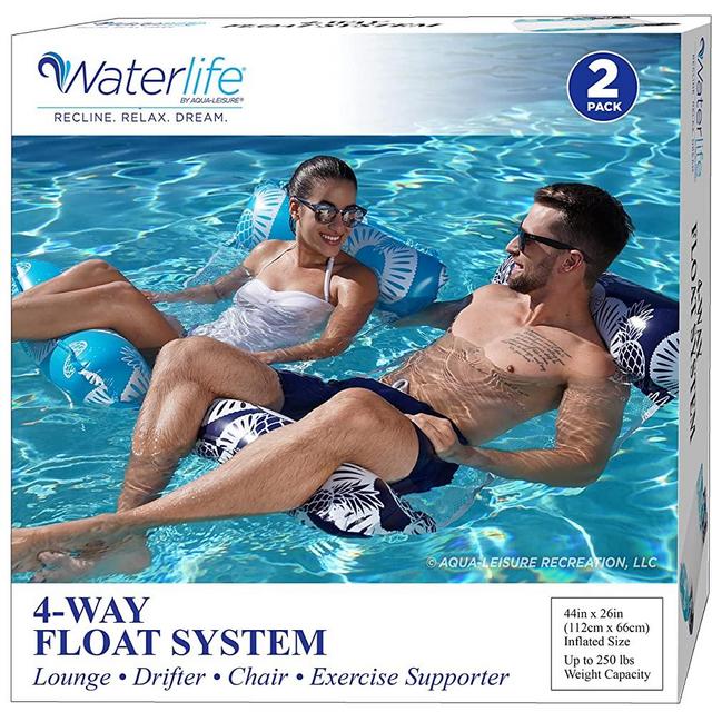 Waterlife 4-in-1 Pool Hammock 2-Pack, Inflatable Pool Chair Float, Water Hammock (Saddle, Lounge Chair, Hammock, Drifter), Navy & Light Blue