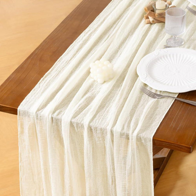 Socomi Ivory White Cheesecloth Table Runner Summer Gauze 120 Inch Rustic Boho Cheese Cloth Runner for Wedding Party Baby Bridal Shower Centerpiece Decor Holiday Home Decorations