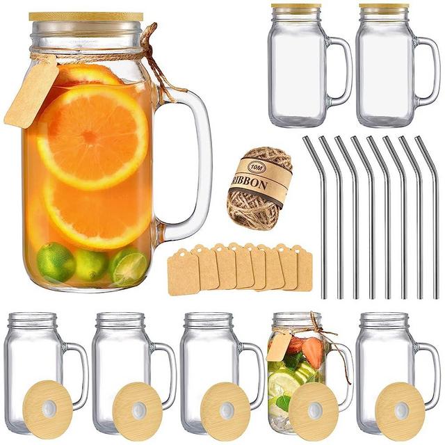 TANGLONG Mason Jar with Lid and Straw,24 oz Mason Jar Cups Set of 8,Glass Cups with Lids and Straws,Mason Jars with Handle,Mason Jar Drinking Glasses,Mason Jar Mugs with Handles