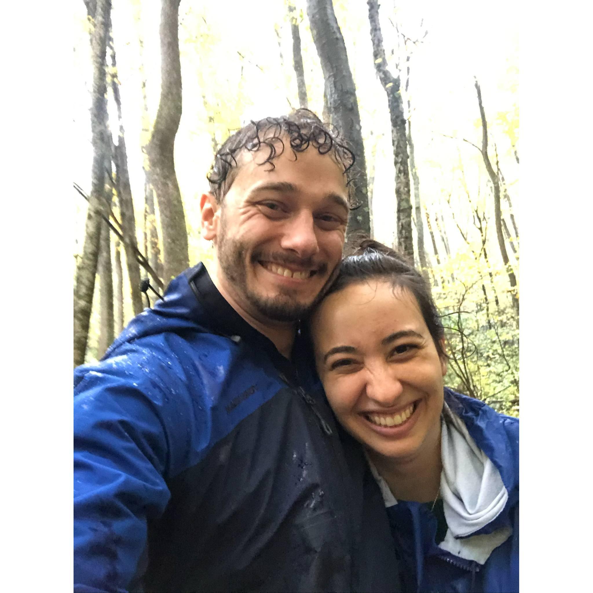Our first ever rainy hike along the Rose River route in Shenandoah National Park! When Chris proposed, we did the same hike 3 years later and it was also raining. :)