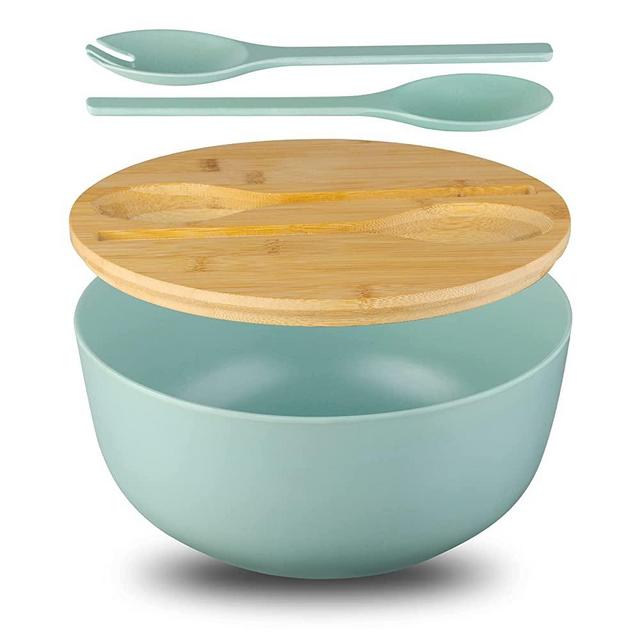 Salad Bowl with Lid and Tongs Set, Large 9.8" Bamboo Fiber Serving Bowl for Salad, Fruit, Pasta to Replace Wooden Bowls(Baby Blue）)