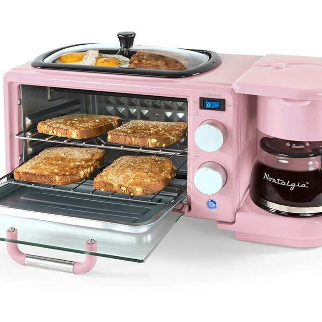 Nostalgia 3-in-1 Retro Breakfast Station - Includes 5 Cup Coffee Maker, Non-Stick Ceramic Griddle, and 4-Slice Toaster Oven - Built-In Timer, Reusable Coffee Filter, Space-Saving Design - Pink