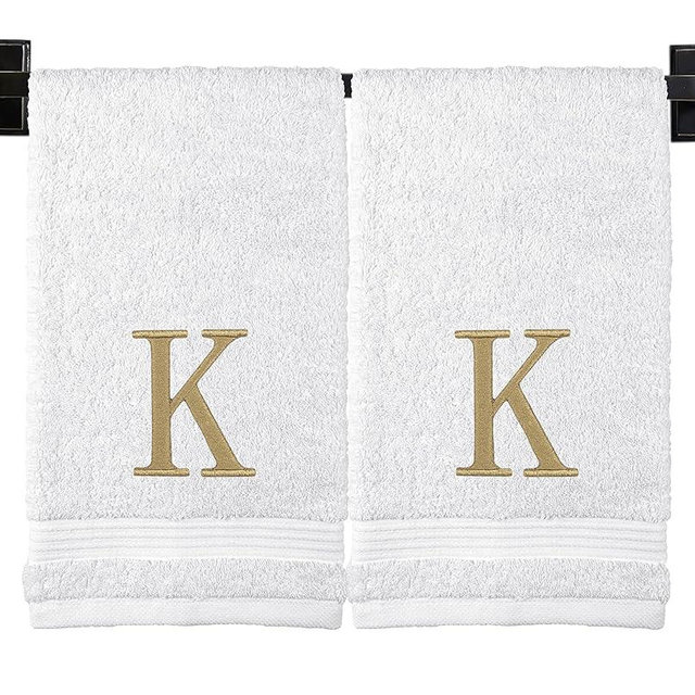 Custom Luxury Towels White Hand Towels for Bathroom with Monogram | Luxury Cotton Turkish Towels | Embroidered in USA | Set of 2 | Choose Set Color and Letter | A - Z | Modern Font