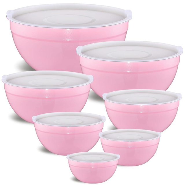 Moxinox Pink Mixing Bowls with Airtight Lids, Stainless Steel Nesting Mixing Bowls Set of 7, Ideal for Baking, Prepping and Serving Food, Size 7, 3.6, 2.7, 2.1, 1.5, 1.1,0.8 QT, Stackable Design