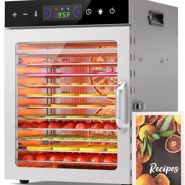 HOPERAN Food Dehydrator Machine with 12 Stainless Steel Trays – Digital Timer & Adjustable Temp Control for Jerky, Herbs, Fruits | Overheat Protection, BPA-Free, Includes Recipe Book
