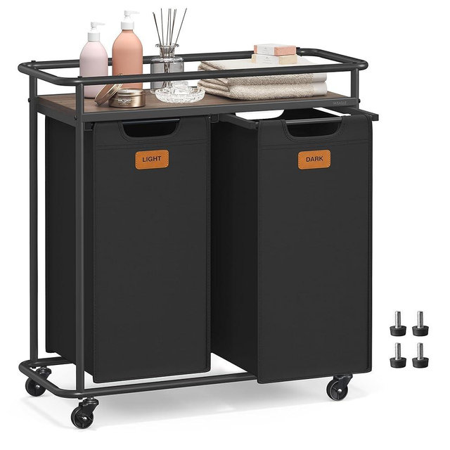 VASAGLE Laundry Sorter, Laundry Hamper with Wheels, 26.4 Gal. (100 L) Portable Rolling Cart Baskets with Shelf, 2 Removable Liners and 6 Labels, Ink Black and Chestnut Brown UBLH102BH01