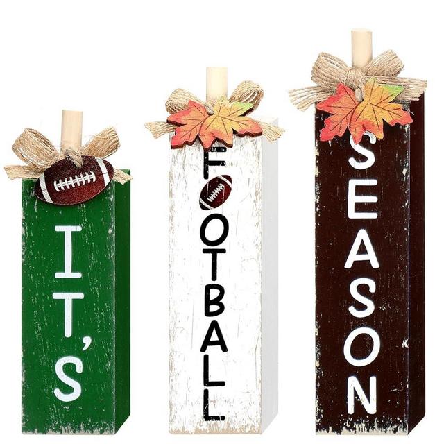 Redbaker 3 Pcs Thanksgiving Tiered Tray Decor Fall Decorations for Home Fall Football Decor Thanksgiving Pumpkin Tabletop Block Sign Rustic Fall Wood Table Centerpiece for Autumn Shelf Decor(Autumn Football)