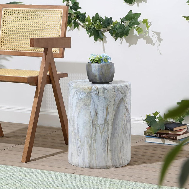 JONATHAN Y TBL1101B Troy 16" Modern Minimalist Faux Marble Column Indoor/Outdoor Indoor/Outdoor Accent Table Modern, Contemporary, Minimalist, Transitional for Living Room, Garden, Patio, Gray/Gold